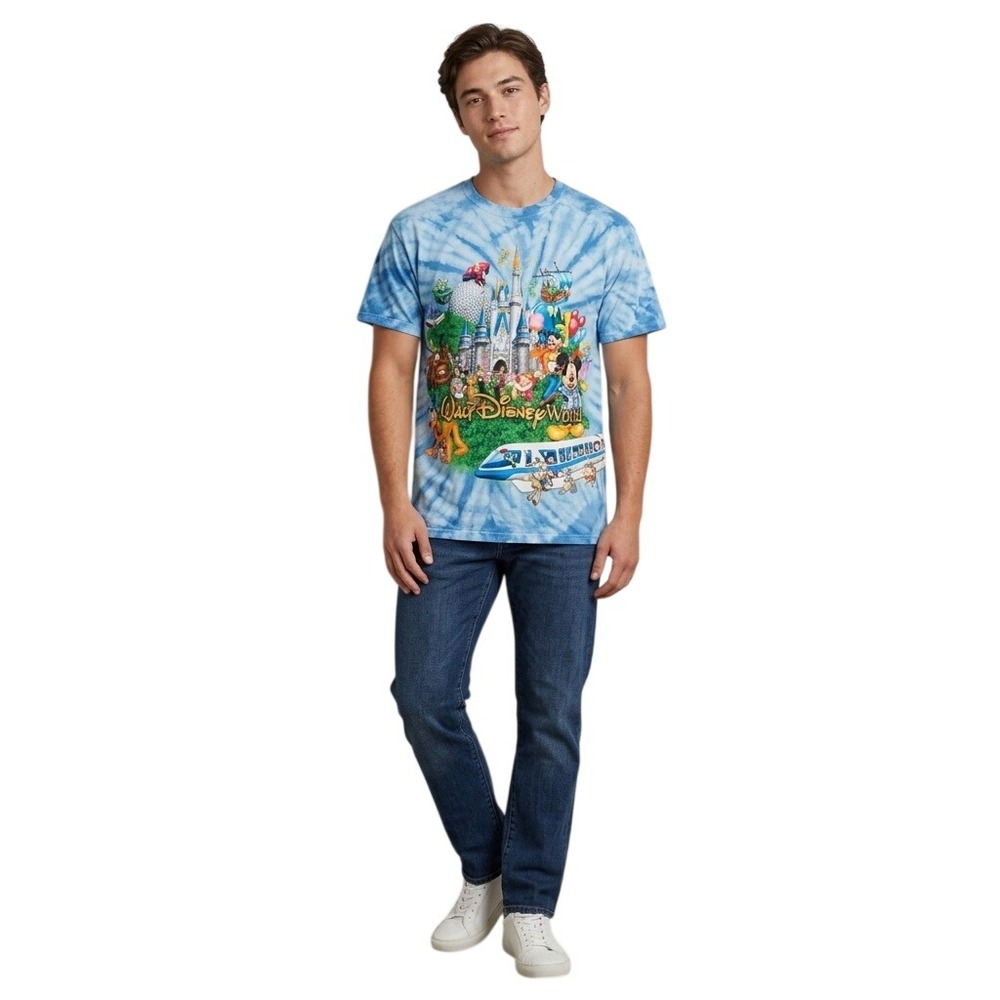 Walt Disney World Mens Medium Tie Dye Graphic T-Shirt Blue Mickey Mouse Monorail